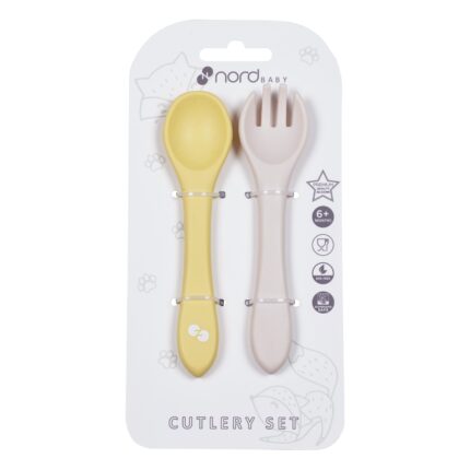 Silikona karote un dakšiņa Yellow/Beige Nordbaby