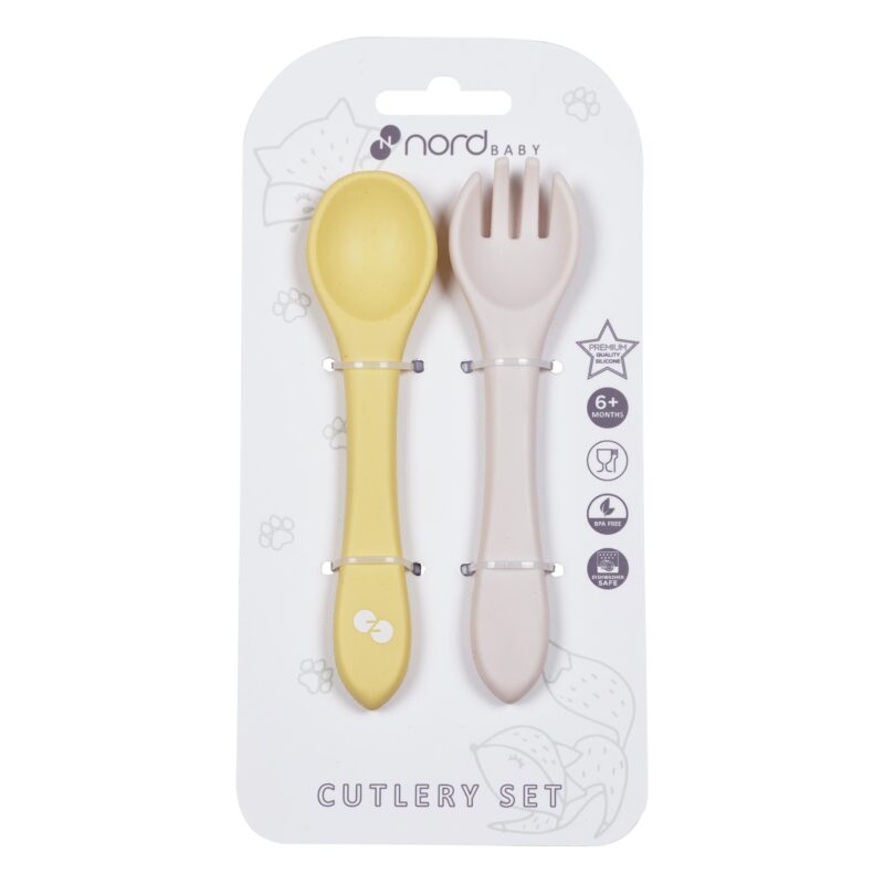 Silikona karote un dakšiņa Yellow/Beige Nordbaby